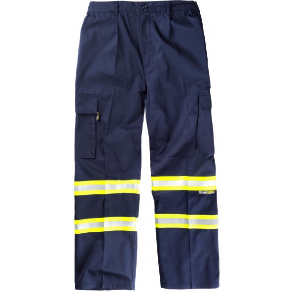 Comprar Pantalon multibolsillos con cintas reflectantes B1436 Marino+Amarillo AV workteam delante