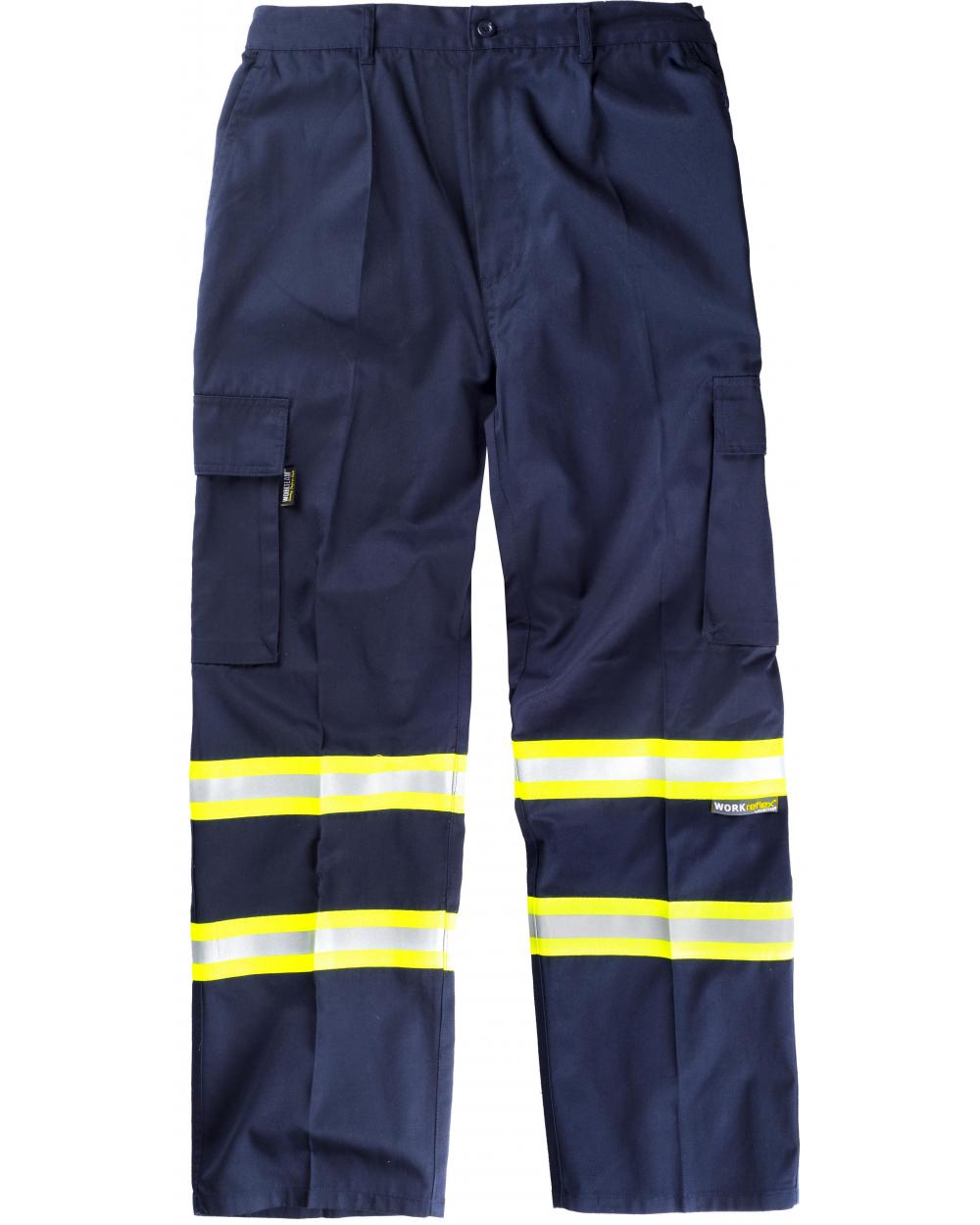 Comprar Pantalon multibolsillos con cintas reflectantes B1436 Marino+Amarillo AV workteam delante