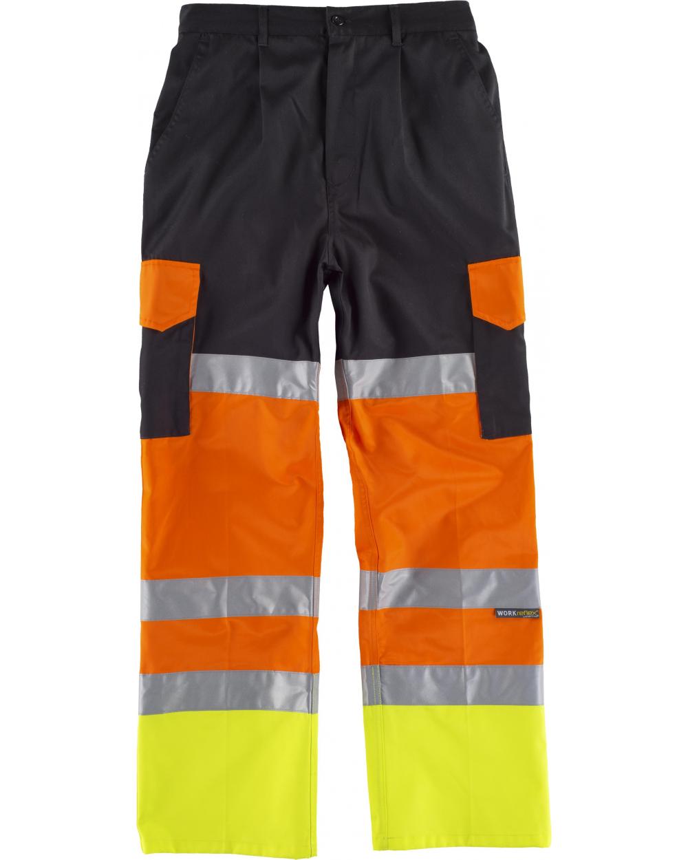 Comprar Pantalon multibolsillos con refuerzos C3216 Negro+Naranja AV+Amarillo AV workteam delante