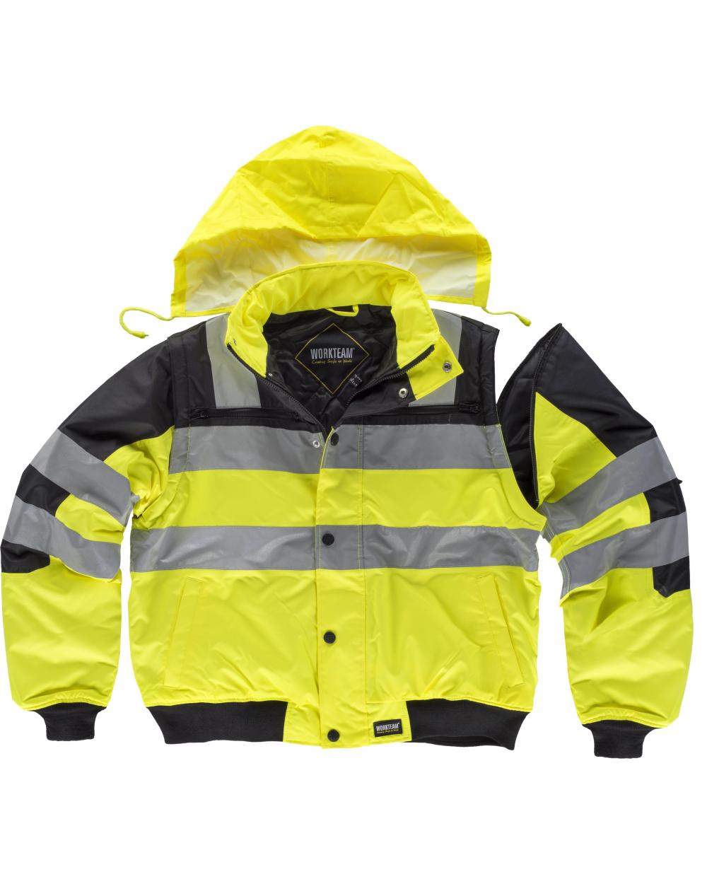 Comprar Cazadora piloto impermeable y desmontable C3750 Negro+Amarillo AV workteam delante