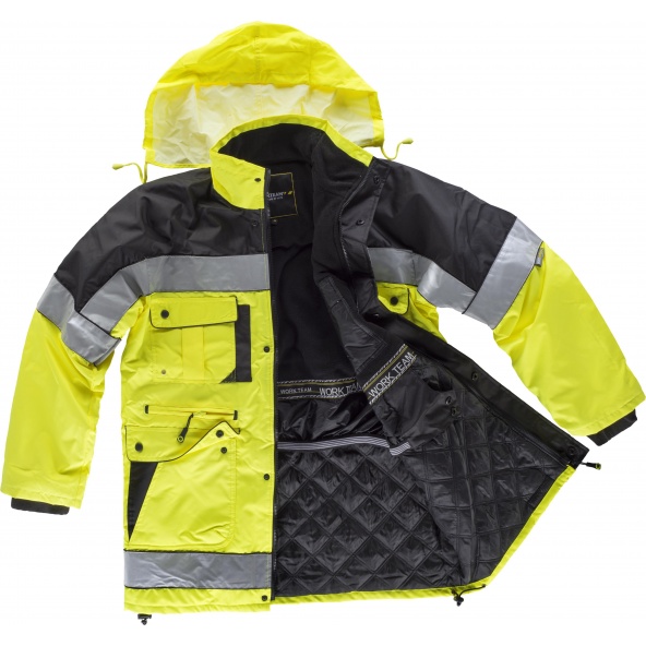 Parka acolchada en tejido oxford C3790 Negro+Amarillo AV workteam reflectante delante