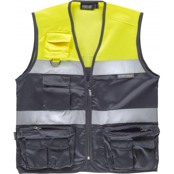 Comprar Chaleco tipo safari C4010 Gris+Amarillo AV workteam delante