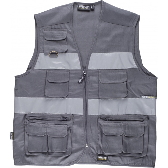 Comprar Chaleco tipo safari con cintas reflectantes S3107 Gris workteam delante