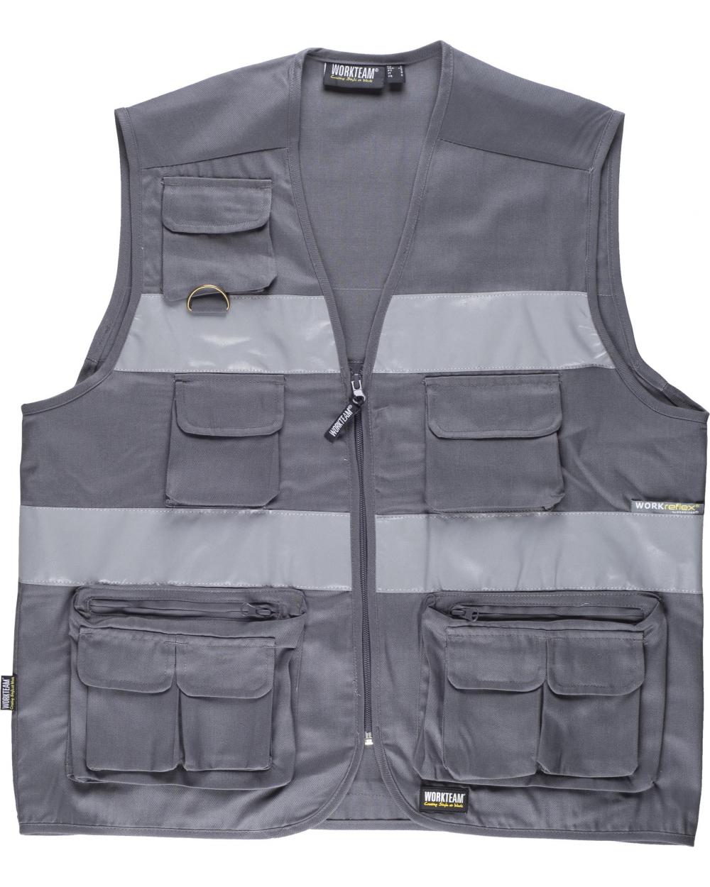 Comprar Chaleco tipo safari con cintas reflectantes S3107 Gris workteam delante