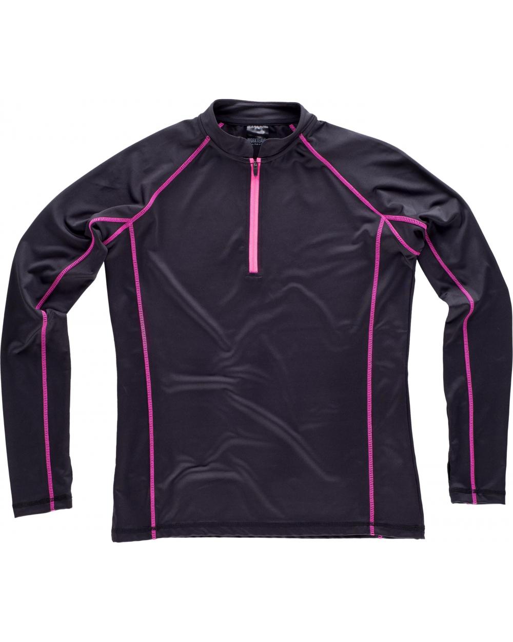 Comprar Sudadera deportiva entallada para mujer S7555 Negro+Rosa Fluor workteam delante